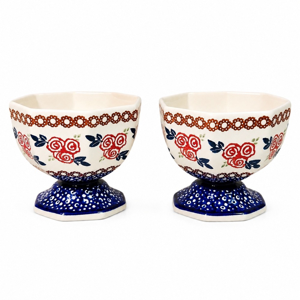 Pair Manufaktura Boleslawiec Polish Pottery Footed Dessert Berry Bowls F214